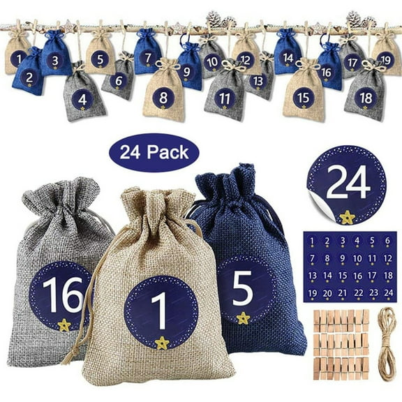 DIY Advent Calendar 2021 - Jute Bag Christmas Countdown Set with 24 Fabric Gift Bags,Numbered Stickers,Wooden Clips,and 10m Rope for Hanging Decorations - Perfect for Candy,Chocolate blue,beige,gray