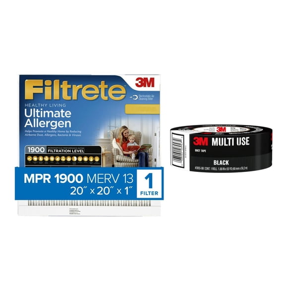 DIY Air Purifier Bundle with 1 Filtrete 20x20x1 Healthy Living Air Filter and 1 Roll of 3M Black Duct Tape, 1.88 inches x 55 yards