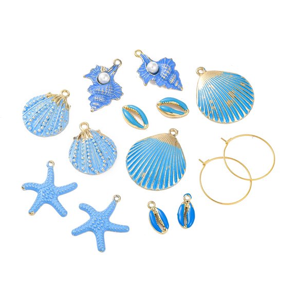DIY Alloy Shell Starfish Shape Hoop Earring Making Kits Deep Sky Blue 17~35.5x8.5~29.5x3.5~7mm 14pcs/set