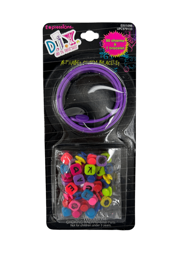 DIY Alphabet Charm Bracelet Kit, 50 Unique Charms, 1 Bracelet, Perfect for Personalizing with Names, Initials, Phrases, Ideal for Beginners, Crafters, Gifts, Creative Fun, Purple