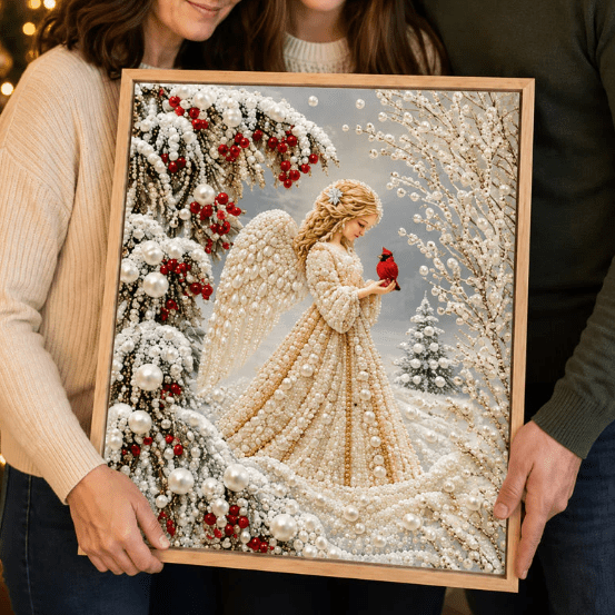 DIY Angel Christmas Pearl Diamond Painting Art Kit, Easy Operation Holiday Craft Project for Beginners with Clear Grid Guide