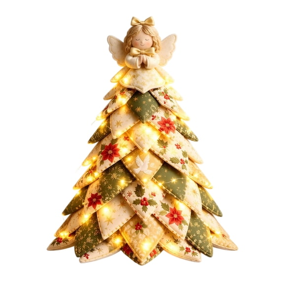 DIY Angel Christmas Tree Craft Kit 11.8 x 5.9 Inch with 20 LED Lights, Felt Patchwork Tabletop Holiday Decor with Warm Glow for Home Shelf