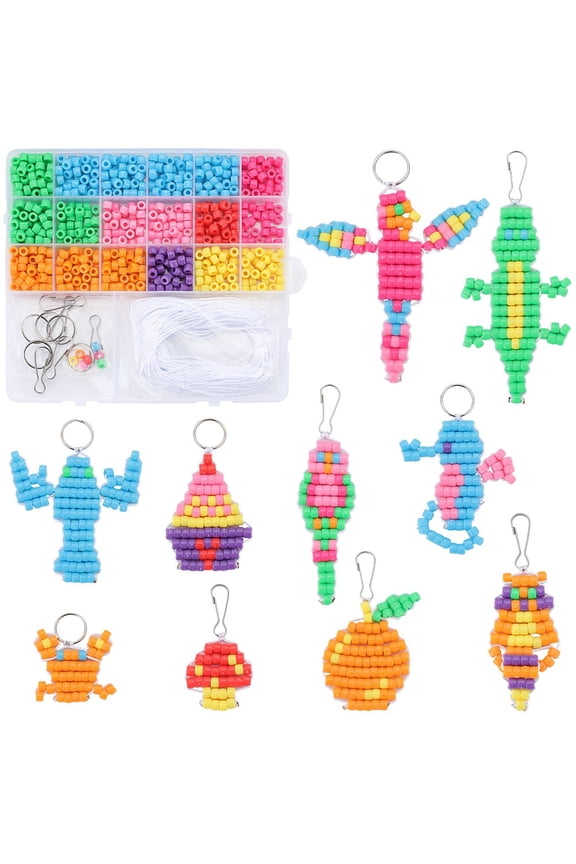 DIY Animal Keychain Making Kit Including Plastic Beads Iron Keychain Clasp Findings & Split Key Rings Mixed Color 770Pcs/box