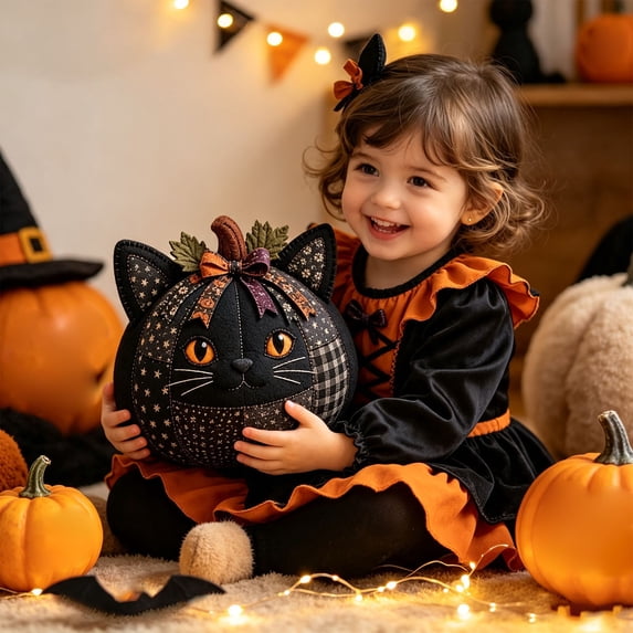 DIY Animal Pumpkin Sewing Kit, Black Cat Theme, DIY Halloween Fabric Sewing Set with Pre-Cut Pieces and Instructions, for Adults Beginners, Festive Home Decor and Handmade Gift, 7.87x1.18 Inch