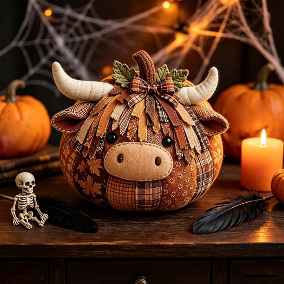DIY Animal Pumpkin Sewing Kit,Patchwork Ornament Craft Kit,Fall Farmhouse Fabric Craft with Pre-Cut Pieces for Halloween Thanksgiving Decor(Highland Cow)