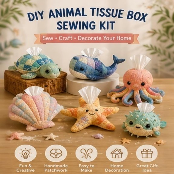 DIY Animal Tissue Box Sewing Kit, Handmade Patchwork Tissue Holder Craft Kit, Ocean Animal Fabric Art Project with Pre-Cut Materials & Instructions, Creative Home Decor Gift(Random styles)