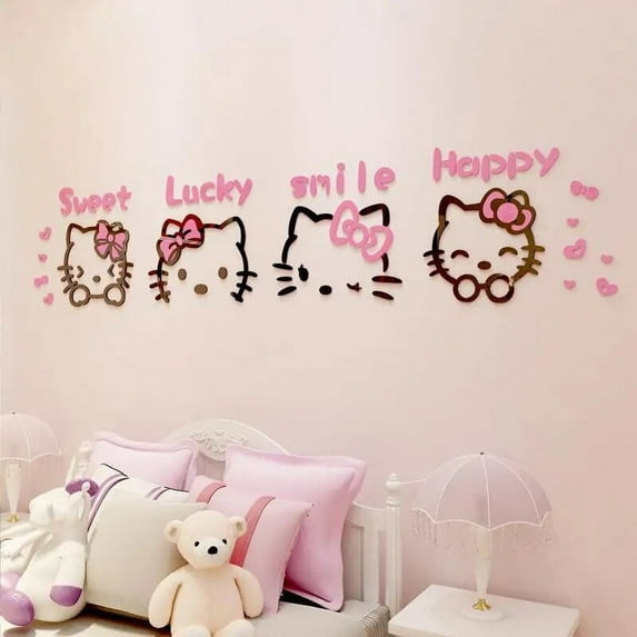 DIY Assemble Cartoon Sanrio Hallo Kitty Wall Sticker Acrylic Crystal 3D Cute Kitty Cat Wall Sticker Kids Girl Bedroom Home Decor