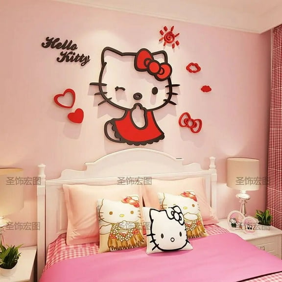 DIY Assemble Cartoon Sanrio Hallo Kitty Wall Sticker Acrylic Crystal 3D Kitty Cat Wall Sticker Kids Girls Bedroom Home Decor