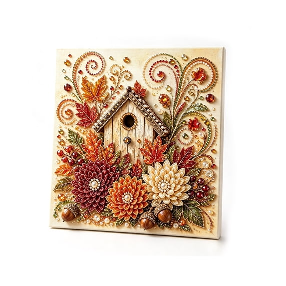 DIY Autumn Pearl Painting Kit, 8"x8" Fall Diamond Art Pumpkins Bead Crafts Home Decor for Adults, 3D Sparkling Sunflowers Animals Artwork with Frame Seasonal Wall Art Beginner DIY Party