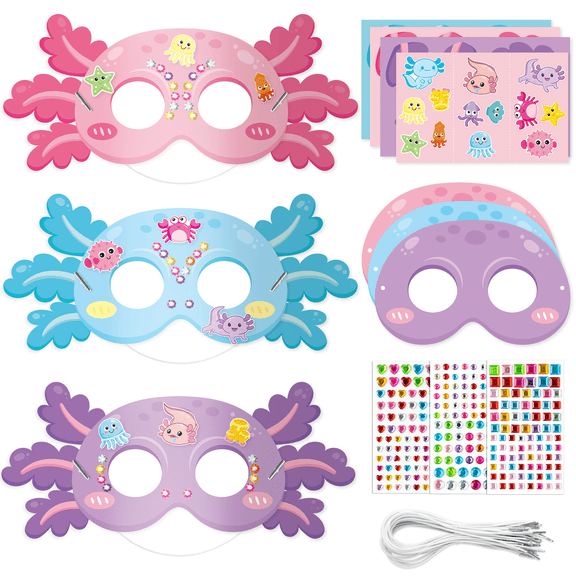 DIY Axolot Mask Craft Gift Box Kit Making Axolotl Paper Mask with Diamand Sticker for Party Favor Art Project Game