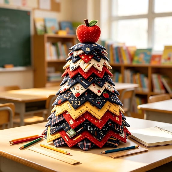 DIY Back to School Quilted Fabric Tree Kit Vintage School Tabletop Tree Craft Set with Red Apple Topper Holiday Chalkboard Patchwork Pattern Handmade Desk Art Ornament
