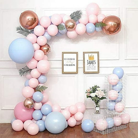 DIY Balloon Garland & Arch Kit 108pcs Pink & Blue Latex Balloons Set Leaves with Decorating Strip, Glue Dots, Pink Ribbon, Knotter, Hooks for Wedding Birthday Baby Shower Party Decors (Pink & Blue)