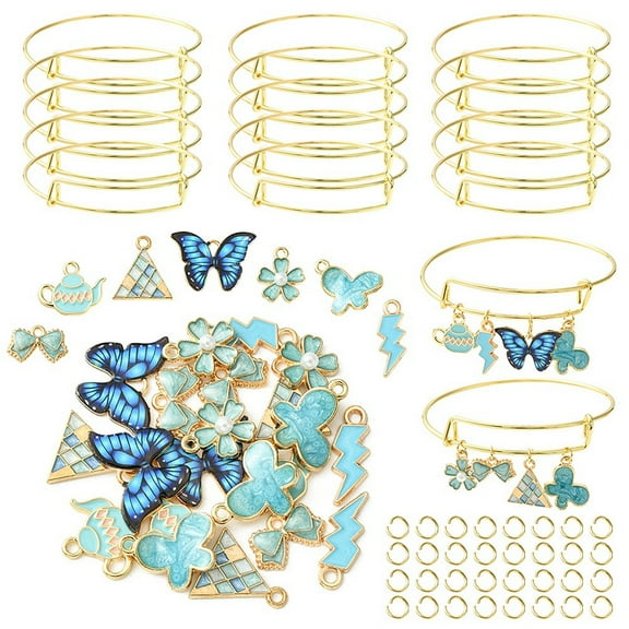 DIY Bangle Making Kit Including Iron Expandable Bangle Making Alloy Pendants Butterfly & Flower & Butterfly & Lighting Bolt Mixed Color 77Pcs/bag