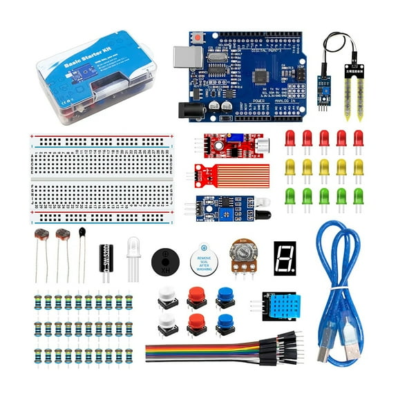 DIY Basic Electronic Starter Kit with Breadboard LED Sensor Modules Resistors, Full Component Learning Kit for Arduino R3 STEM Education