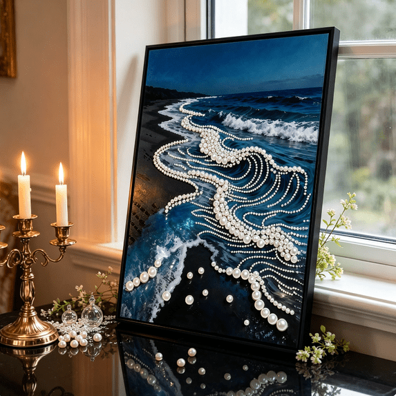 DIY Beach Pearl Diamond Painting Kit, 12×16in Shimmer Full Drill Ocean Pearl Art Set, Easy DIY Handicraft, Perfect Art Decor & Birthday Christmas Gift Option