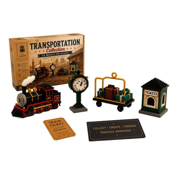 DIY Bead Craft Kit Transportation Collection Train Station Model Set with Locomotive Clock Luggage Cart Ticket Booth and Accessories for Creative Building Projects