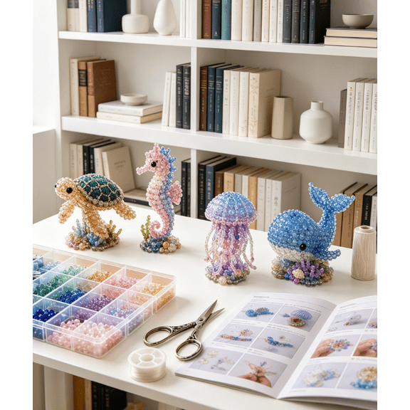 DIY Bead Kit for Beginners, 3D Beaded Animal Making Kit with Instructions, 4 Unique Sea Animal Designs with Glass Beads and Pattern Guide, Underwater Bead Embroidery Set (Sea Animal)