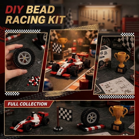 DIY Bead Kit Racing Car Toy 3D Beaded Modeling,Speed Race Track Car Trophy Checkered Flag Art Supplies,Handmade Crystal Beads Weaving Educational Puzzle Desktop Ornaments Starter Set