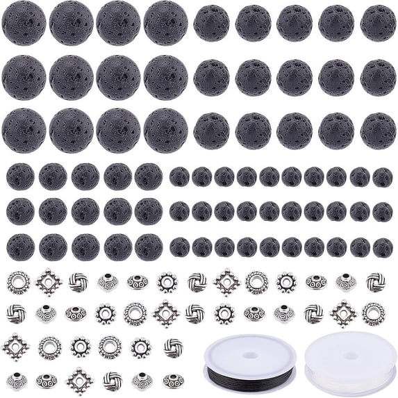 DIY Bead Stretch Bracelets Making Kits Including Natural Lava Rock Round Beads Tibetan Style Alloy Spacer Beads and Elastic Thread