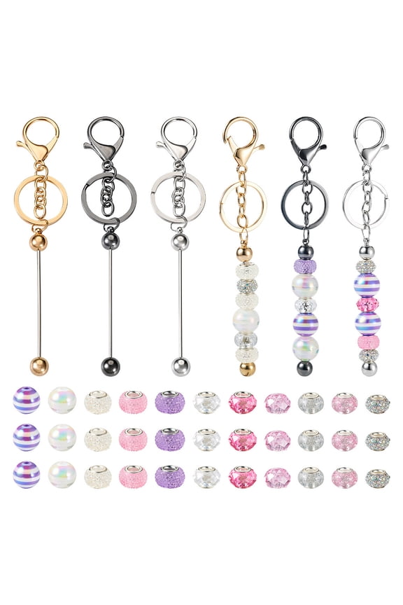 DIY Beadable Keychain Making Kit Including Alloy Bar Beadable Keychain Rhinestone European & Resin Rondelle Beads Mixed color 36pcs/box