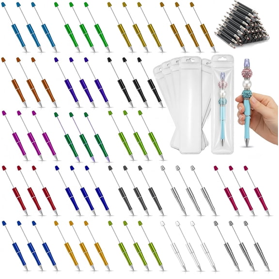 DIY Beadable Pen Kit - 60 Pens, 60 Refills & 60 Bags (Total 180 count) - Beads Not Included - Multicolor Craft Supplies for Office, Teachers & DIY Projects