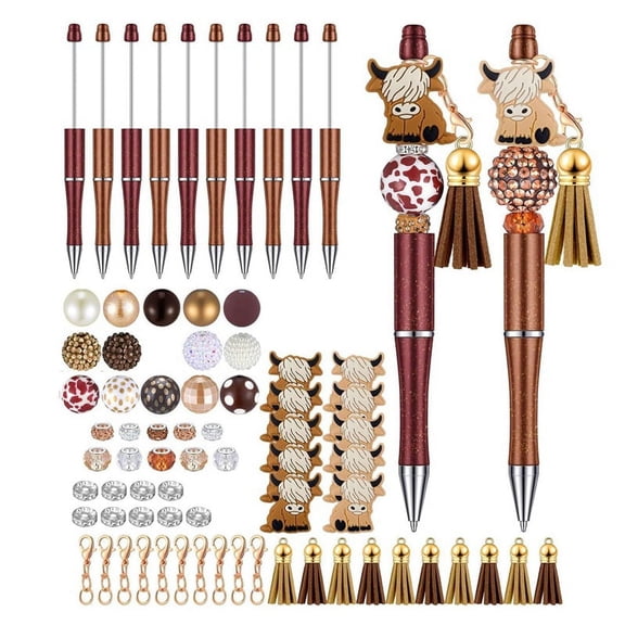 DIY Beadable Pen Making Kit with Highland Cow Charms, 12 Bulk Blank Bead Pens Assorted Rhinestone Beads Tassels Chain, DIY Craft Supplies for Office Classroom Birthday Party Favors