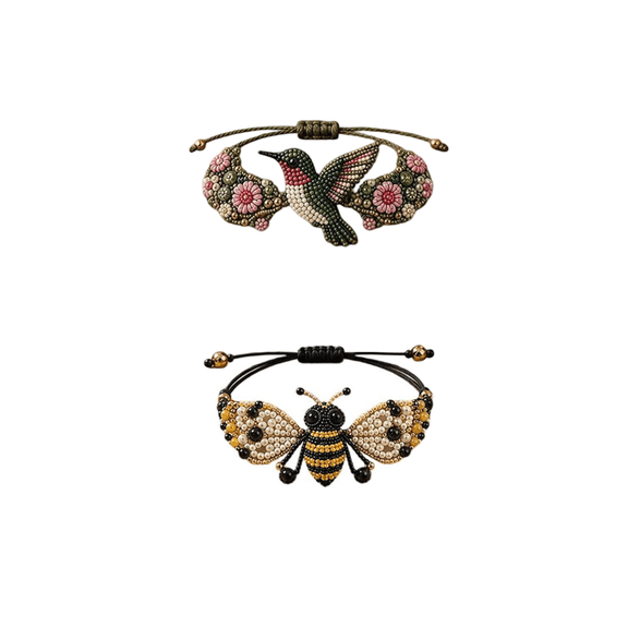 DIY Beaded Animal Bracelet Making Kit, Bee Pattern Bead Inlaid Woven Bracelet Craft Set, Adjustable Slide Knot Cord Handmade Jewelry Supplies for Adult Beginner (Hummingbird + Bees)