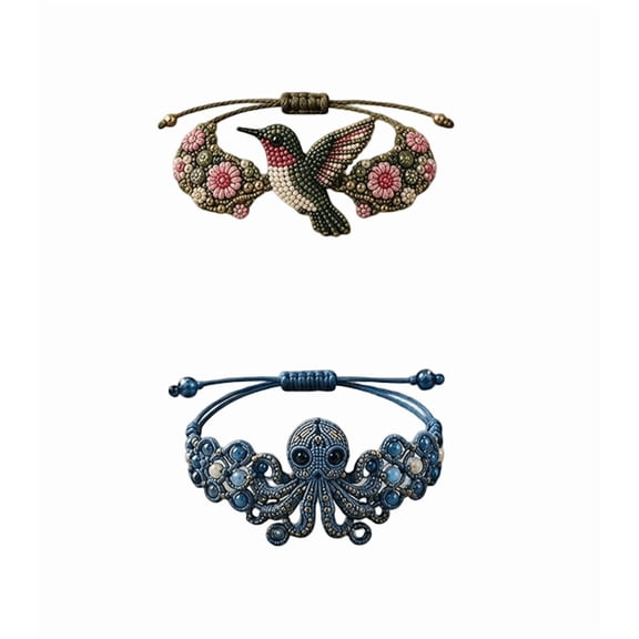 DIY Beaded Animal Bracelet Making Kit, Exquisite Layered Bead Inlaid Animal Ornament Bracelet Kit, Slide Adjustable Woven Cord Jewelry Craft Supplies (Hummingbird + Octopus)