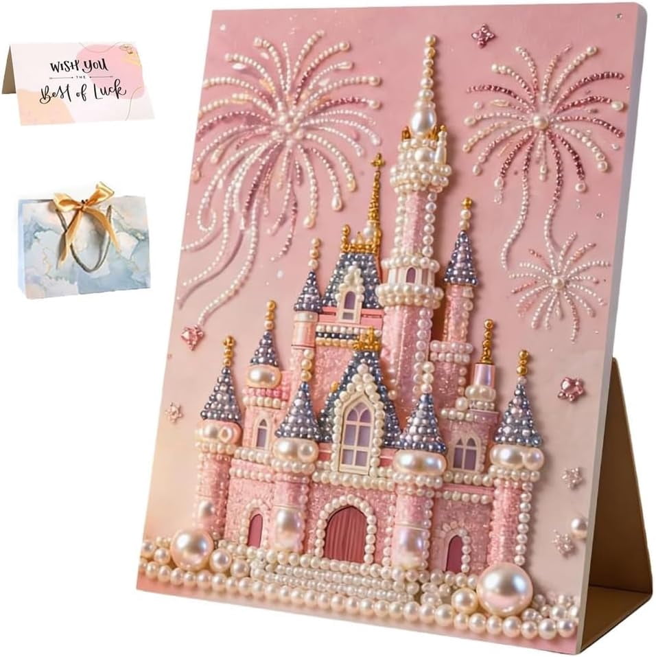 DIY Beaded Art Kit Castle Pearl Painting Textural Canvas Craft Set, 15.7in Creative Hobby Sparkling Wall Decor Gift for Home Art Lovers