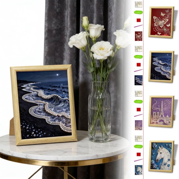 DIY Beaded Art Kit with Castle Design, Pearl Painting Material Pack with Log Photo Frame, Beginner-Friendly Craft Set for Wall Décor