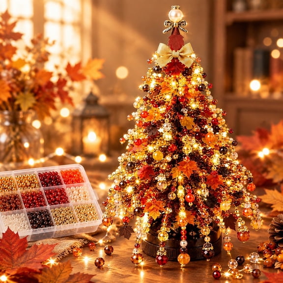 DIY Beaded Autumn Tree Kit for Adults, 3D Pearl Bead Fall Craft Kit with LED Lights, Metal Frame, Maple Leaf Pumpkin Ornaments & Wooden Base, Tabletop Thanksgiving Holiday Desktop Decoration