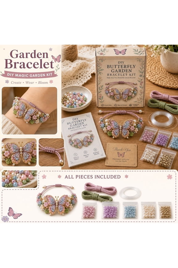 DIY Beaded Bracelet Kit for Girls, Garden Butterfly Jewelry Making Set with 200+ Plastic Beads & Storage Box, Elastic Cord Craft Supplies for Teens Kids Age 8-12, Birthday Gift