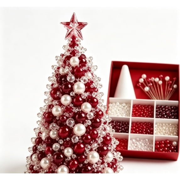 DIY Beaded Christmas Tree Craft Kit for Adults, 3D Pearl Beaded Tree Making Set, Complete Handmade Tabletop Ornament for Home Office Holiday Display(A4)