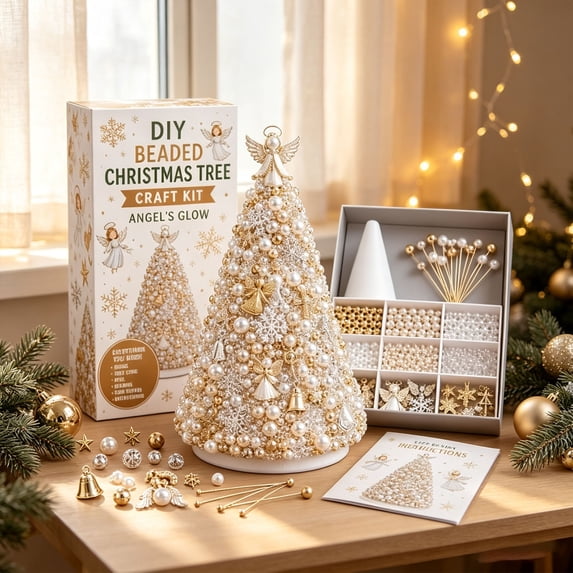 DIY Beaded Christmas Tree Craft Kit, Angel Theme Mini Christmas Decor Crafts for Adults, Tabletop Display & Creative Gift