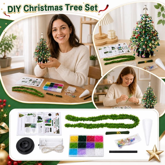 DIY Beaded Christmas Tree Craft Kit, Complete Desktop Mini Christmas Tree Making Set with Beads, Ornaments & Instruction Manual, Holiday Tabletop Decor for Hand‑Made Home Decoration & Gift