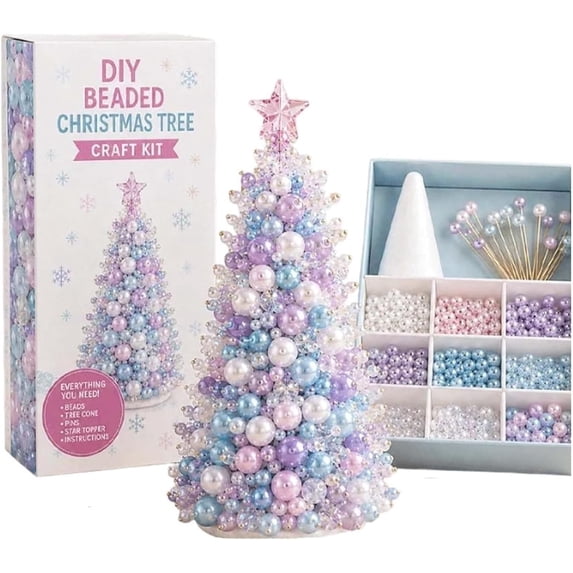 DIY Beaded Christmas Tree Craft Kit, Complete Tabletop Mini Xmas Tree Making Set with Foam , Pearl Beads, Pins & Star Topper, Handmade Holiday Decor for Ornament, Creative DIY Art Project-C