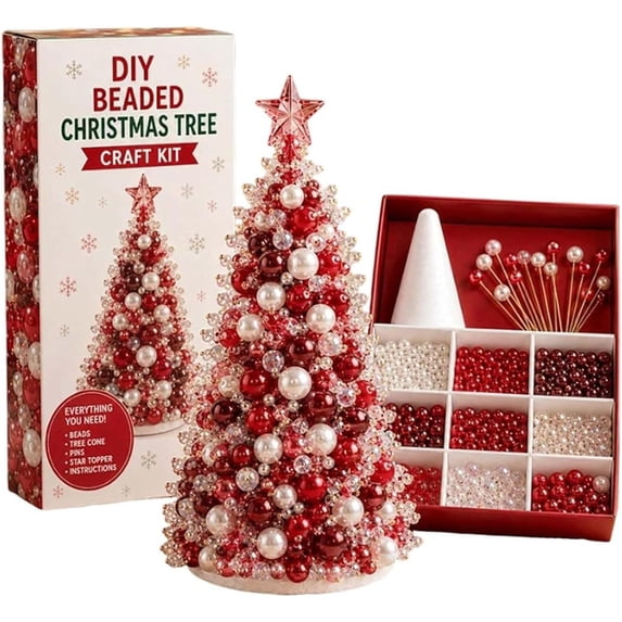 DIY Beaded Christmas Tree Craft Kit, Complete Tabletop Mini Xmas Tree Making Set with Foam , Pearl Beads, Pins & Star Topper, Handmade Holiday Decor for Ornament, Creative DIY Art Project-A