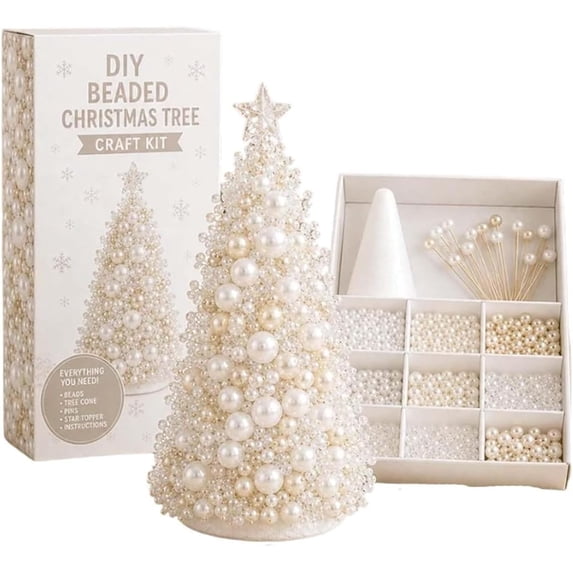 DIY Beaded Christmas Tree Craft Kit, Complete Tabletop Mini Xmas Tree Making Set with Foam , Pearl Beads, Pins & Star Topper, Handmade Holiday Decor for Ornament, Creative DIY Art Project-E