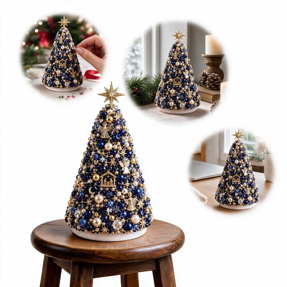 DIY Beaded Christmas Tree Craft Kit, Winter Night Theme Tabletop Holiday Tree Making Kit with Beads and Foam Cone, Christmas Craft for Adults and Kids, Xmas Gift