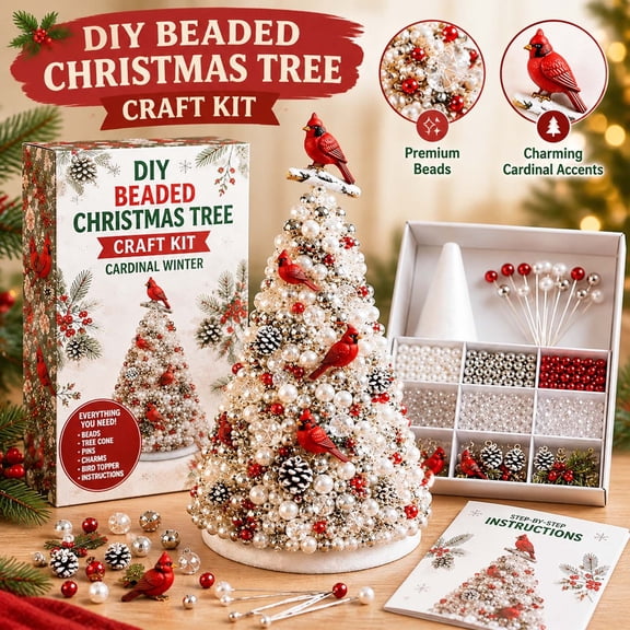DIY Beaded Christmas Tree Craft Kit for Adults, 3D Colorful Pearl Beaded Tree Making Set, Complete Handmade Tabletop Ornament for Home Office Display