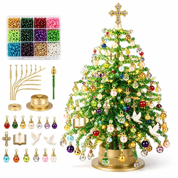 DIY Beaded Christmas Tree Craft Set, 3D Festive Hand‑Made Kit with Colorful Pearlescent Beads, Flexible Wires & Hanging Ornaments, Easy‑to‑Assemble Compact Tabletop Holiday Decor