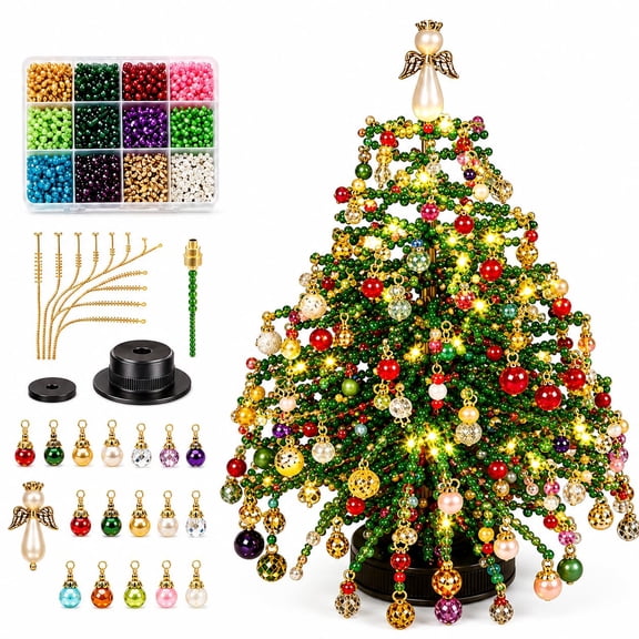 DIY Beaded Christmas Tree Craft Set, 3D Festive Hand‑Made Kit with Colorful Pearlescent Beads, Flexible Wires & Hanging Ornaments, Easy‑to‑Assemble Compact Tabletop Holiday Decor