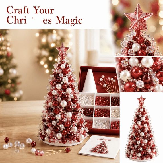 DIY Beaded Christmas Tree Indoor,Craft Kits for Adults,Christmas Desk Decorations,3D Holiday Beads Kit with Manual, Handmade Bead Art Mosaic Kit,Holiday Decor,Desktop Display,Red