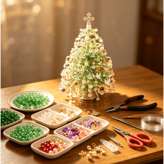 DIY Beaded Christmas Tree Kit, 2026 New Handmade Holiday Craft Supplies, Sparkling Mini Bead Tree Decor For Desk Shelf Indoor Seasonal Home Display (Christian)