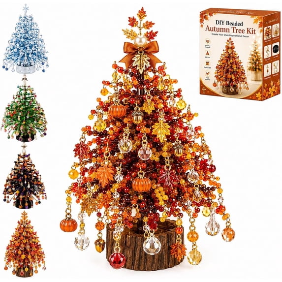 DIY Beaded Christmas Tree Kit, 3D Bead Pearl Art Craft Set with Colorful Beads and Sparkling Decor, Tabletop Holiday Decoration (Autumn)
