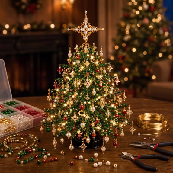 DIY Beaded Christmas Tree Kit, 3D Crystal Bead Christmas Tree Craft Set for Adults Beginners, Handmade Beaded Xmas Tree Making Kit for Holiday Decor