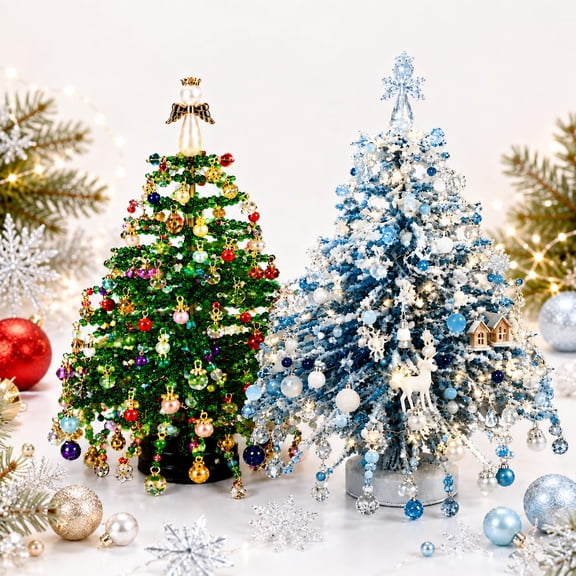 DIY Beaded Christmas Tree Kit, 3D Crystal Bead Craft Set with LED String Lights for Holiday Tabletop Decor – Beginner-Friendly, Glowing Ornament