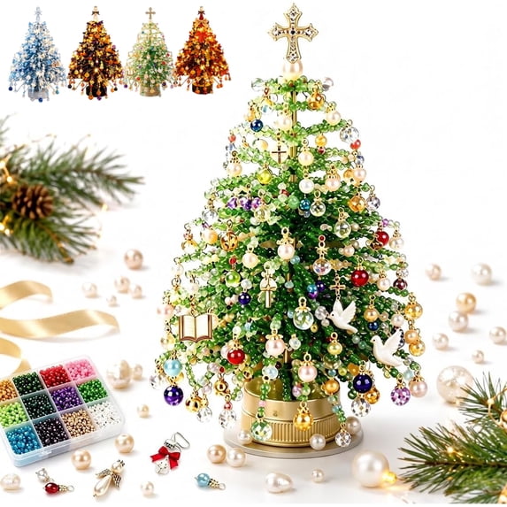 DIY Beaded Christmas Tree Kit, 3D Crystal Bead Holiday Craft Set for Adults Colorful Beads and Wire, 3D Tabletop Tree Design, DIY Steps, Creative Christmas Project for Adults(Christian Faith)