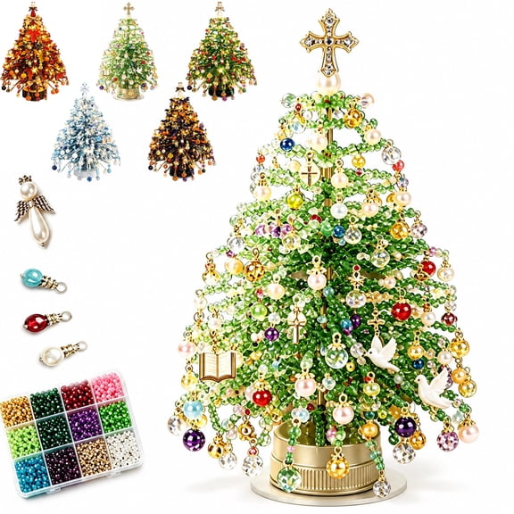 DIY Beaded Christmas Tree Kit, 3D Crystal Bead Holiday Craft Set for Adults | Colorful beads and wire, 3D tabletop tree design, compact holiday decor, DIY steps, creative Christmas project for adults