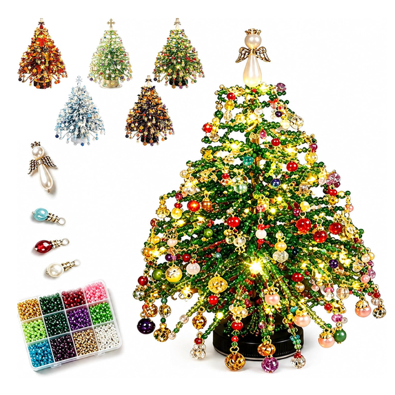 DIY Beaded Christmas Tree Kit, 3D Crystal Bead Holiday Wire Craft Set for Adults, Tabletop Seasonal Ornament, Compact DIY Christmas Decor Project